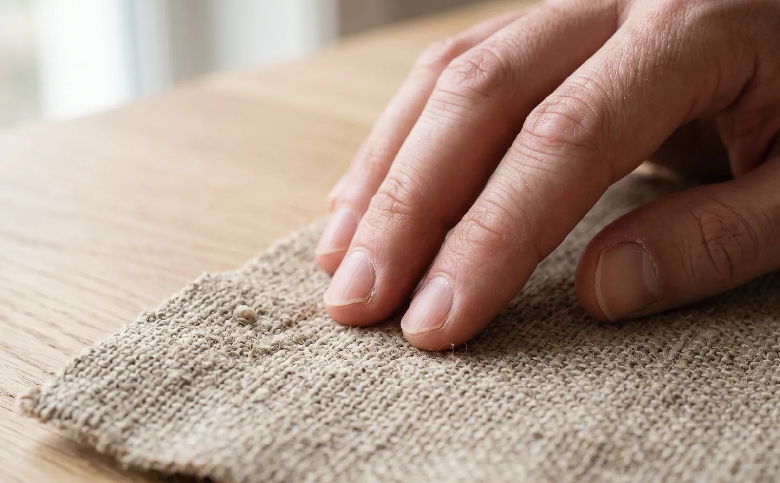 Une main sur un tissu écru à trame apparente, posé sur une table en bois